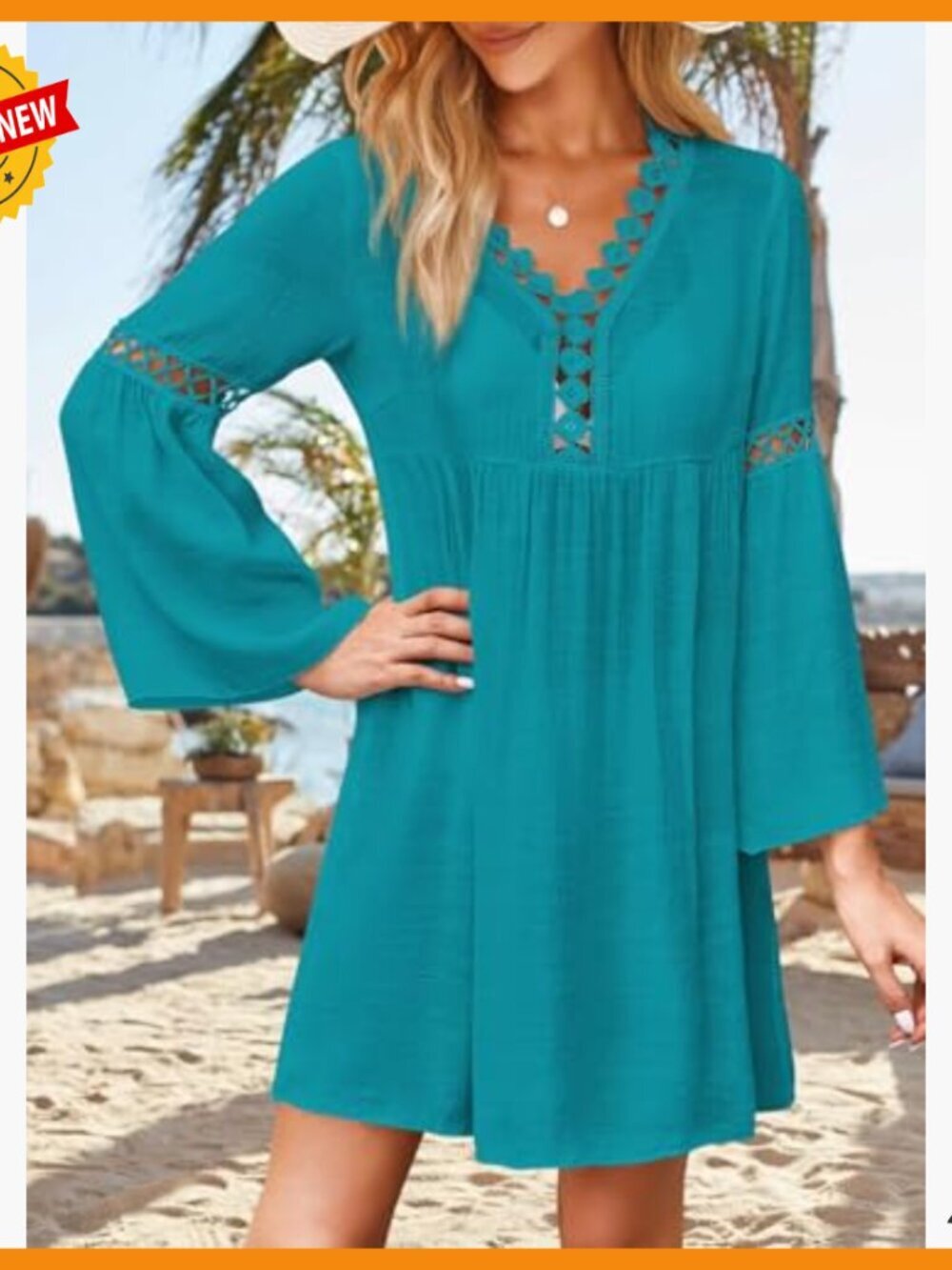 Women's Long Bell Sleeve Lace Coverup Loose Fit V Neck Swimwear - Picture 4 of 7
